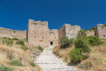 Fototapeta na wymiar The ruins of the ancient Acrocorinth, the fortress of city Corinth in Greece
