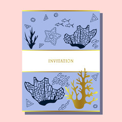 greeting invitation card template design with ocean elements background, design for banner, flyer, invitation, poster, web site or greeting card. Vector illustration