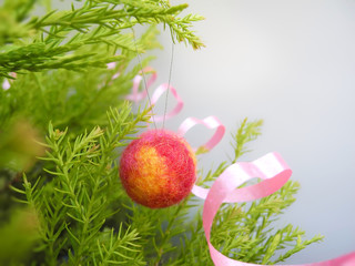 Closeup christmas tree. Handmade christmas ball felted with natural wool on branches of thuja Rheingold on light background with space for your text. Christmas and happy new year concept, wallpaper. 