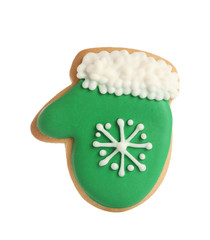 Tasty homemade Christmas cookie on white background