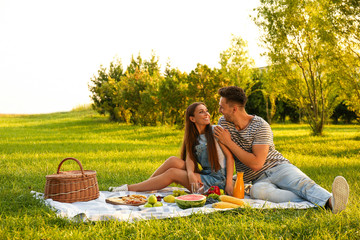 Happy couple having picnic in park on sunny day