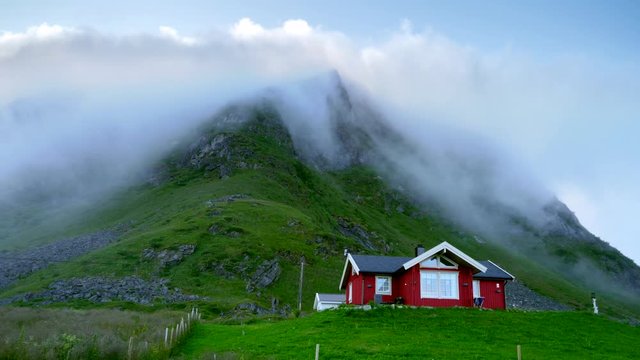 Cloud Slides On A Mountain House. Norway. Still Picture with moving mist. Cinemagraph.