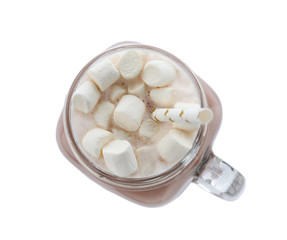 Delicious cocoa with marshmallows in mason jar on white background, top view