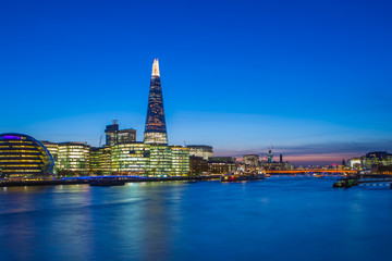 London Cityscape panorama at night, seen from Tower Bridge