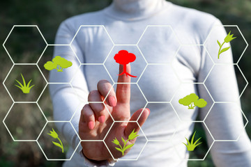 Woman pressing the virtual hexagonal button with tree icon. Technology and environment concept