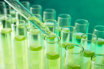 Dropping sample into test tube with liquid, closeup