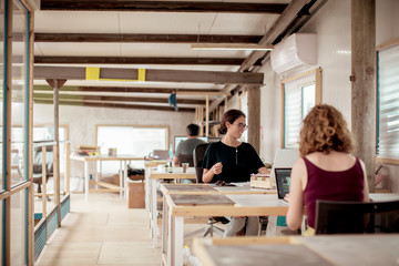Female colleagues using laptops at desk in office
