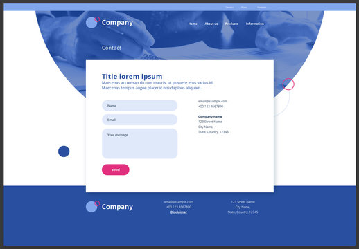 Contact Page Website Design Layout with Blue and Pink Accents