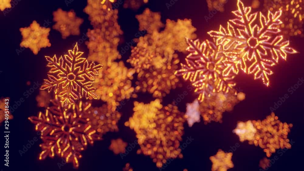 Poster 3d golden christmas background with bokeh and depth of field of shiny toy snowflakes hanging in the 