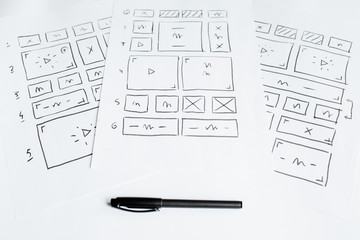 UX website design wireframe. Sketch, prototype, framework, layout future design project. UI/UX - user interface, user experience designer. Creative concept for web design studio. Website development