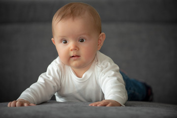 Baby girl crawling and looking interested