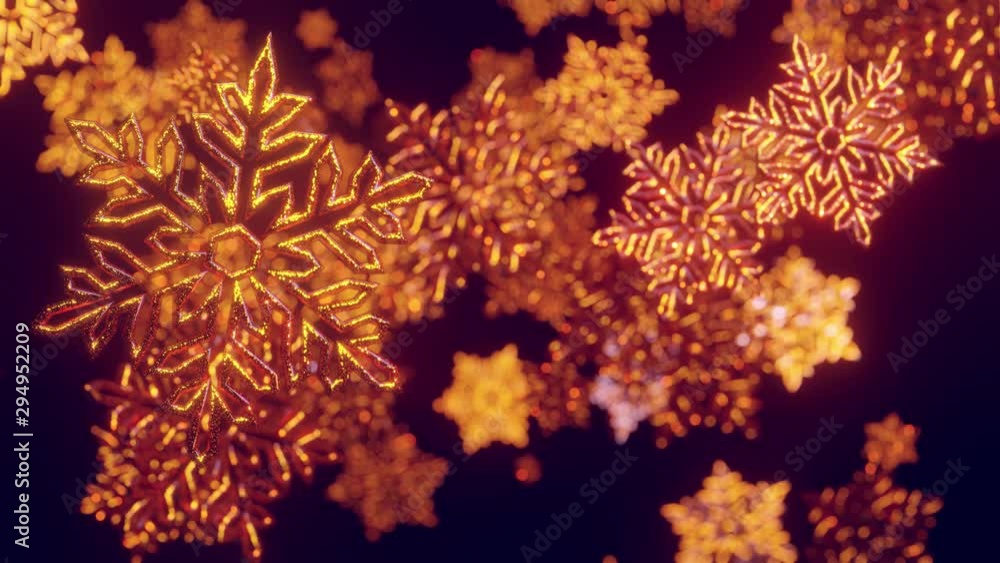Poster 3d golden christmas background with bokeh and depth of field of shiny toy snowflakes hanging in the 