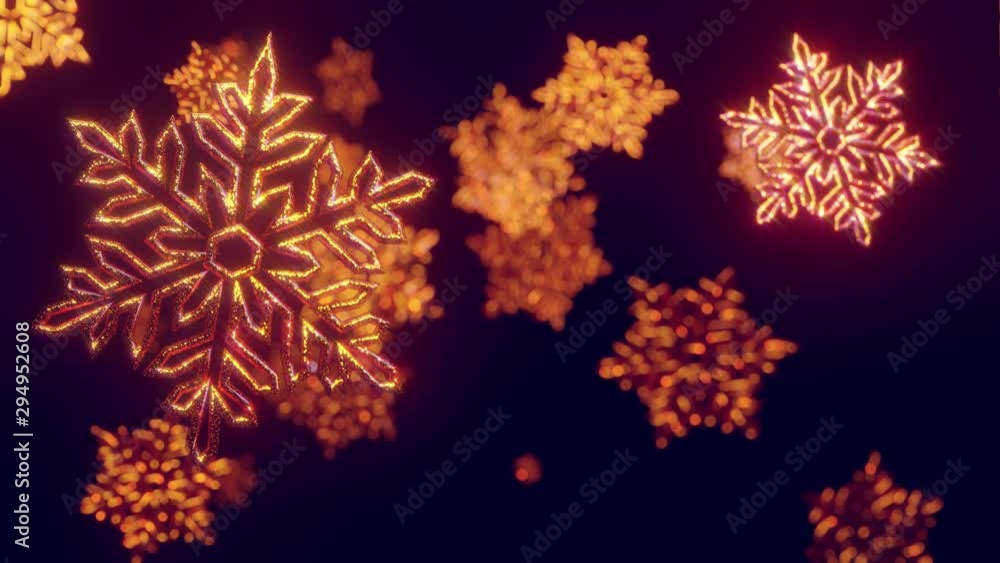 Aufkleber 3d golden christmas background with bokeh and depth of field of shiny toy snowflakes hanging in the 