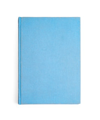 Book with blank light blue cover on white background, top view