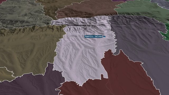 V&acirc;lcea - county of Romania with its capital zoomed on the administrative map of the globe. Animation 3D