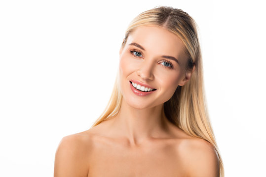 nude smiling blonde woman with white teeth isolated on white