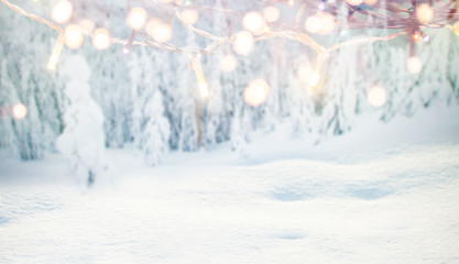 fresh snow and mountain landscape with firs background Christmas banner