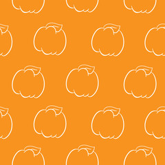 Simple seamless fall pattern with white line pumpkins on orange background