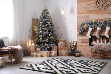 Stylish room interior with beautiful Christmas tree and decorative fireplace