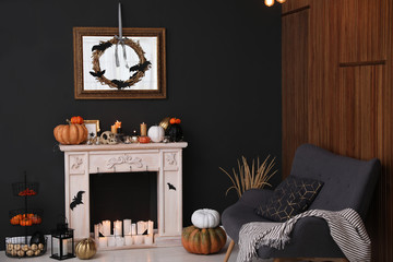 Modern room decorated for Halloween. Idea for festive interior