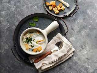 Changua - Colombian Egg and Milk Soup , tipical soup for breakfast in Bogota 