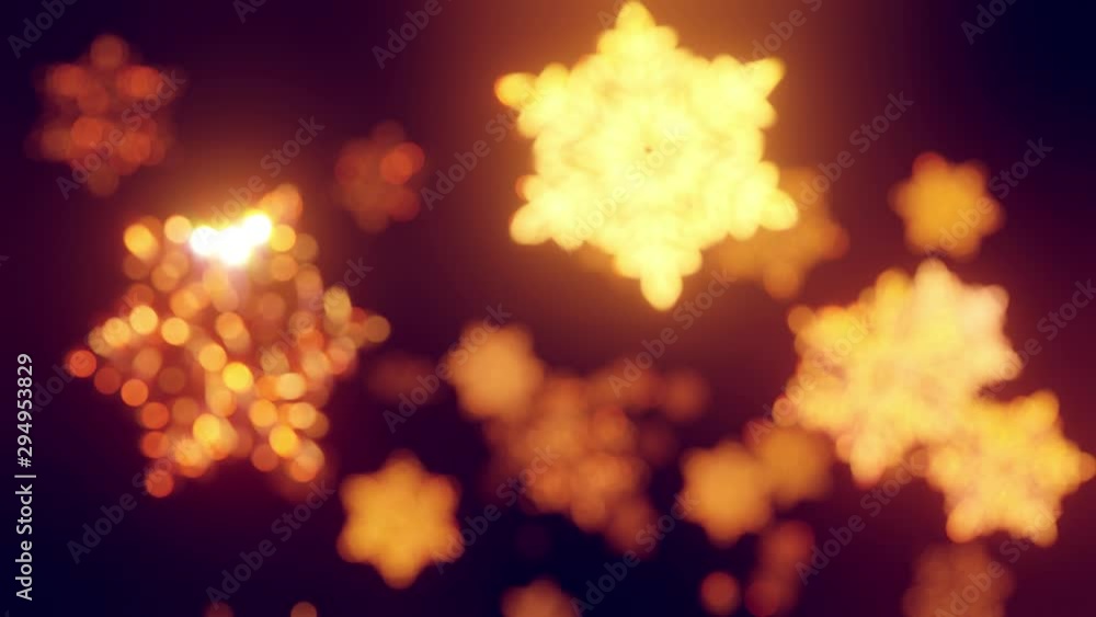 Poster 3d golden christmas background with bokeh and depth of field of shiny toy snowflakes hanging in the 
