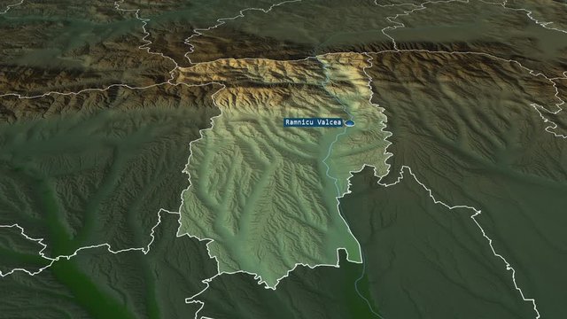 V&acirc;lcea - county of Romania with its capital zoomed on the physical map of the globe. Animation 3D