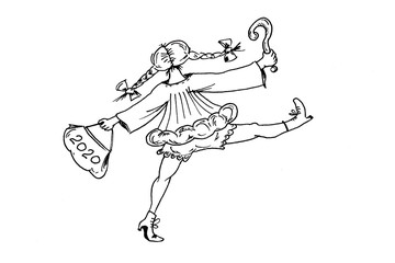 New Year 2020. Girl with pigtails and a bag in his hand. Question mark and suspense. Drawing with felt-tip pen change of year.