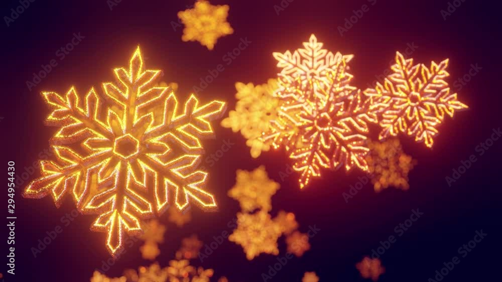 Poster 3d golden christmas background with bokeh and depth of field of shiny toy snowflakes hanging in the 