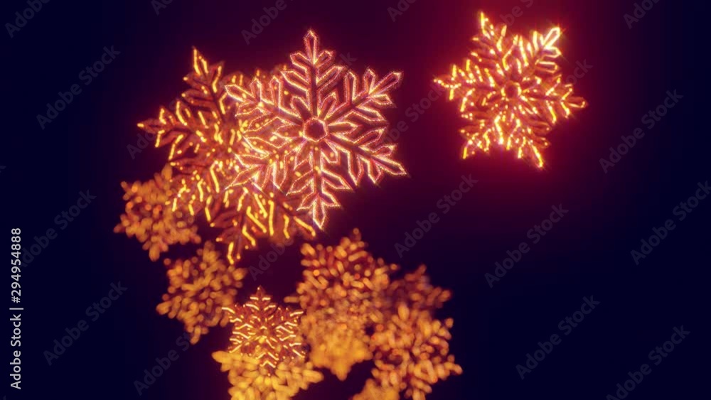 Poster 3d golden christmas background with bokeh and depth of field of shiny toy snowflakes hanging in the 