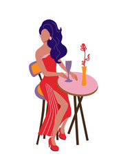 The girl in an elegant  red dress in a restaurant at the table.Hand drawn.Vector cartoon flat style illustration, isolated on white background.