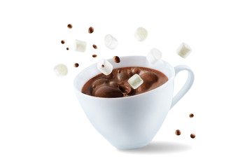 Dark hot chocolate drink on a white isolated background