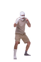 Man after car accident isolated on white