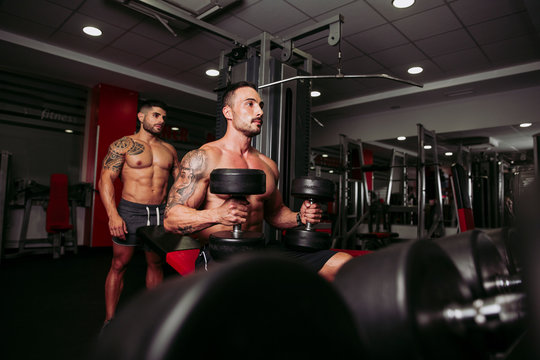 Muscular men training in gym