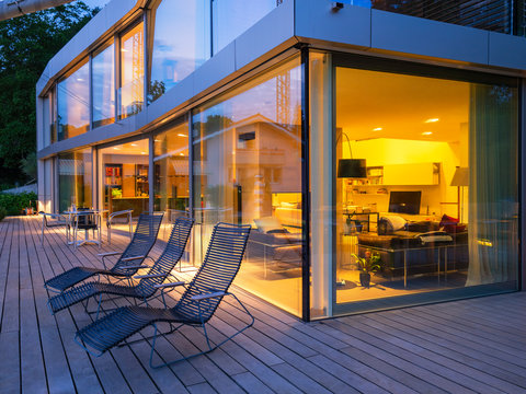 View of modern villa at dusk