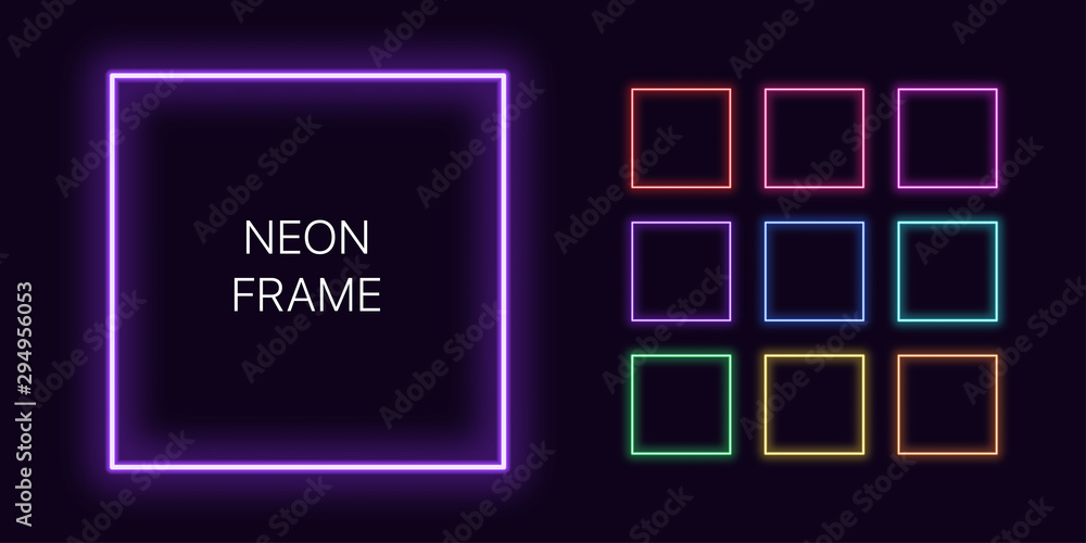 Poster neon monochrome square border with copy space. templates set
