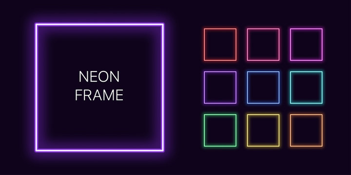 Neon monochrome square Border with copy space. Templates set