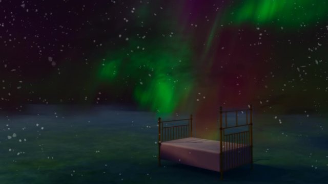 Bed in surreal night sky