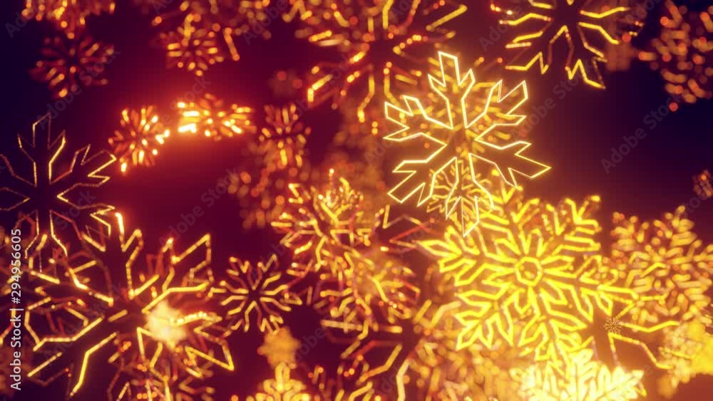 Poster 3d golden christmas background with bokeh and depth of field of shiny toy snowflakes hanging in the 