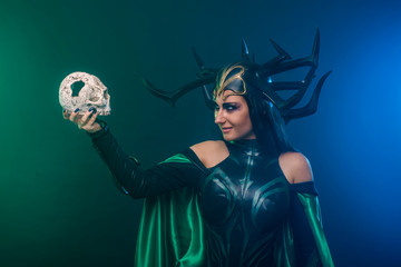 beautiful woman in halloween cosplay costume.  goddess of death 