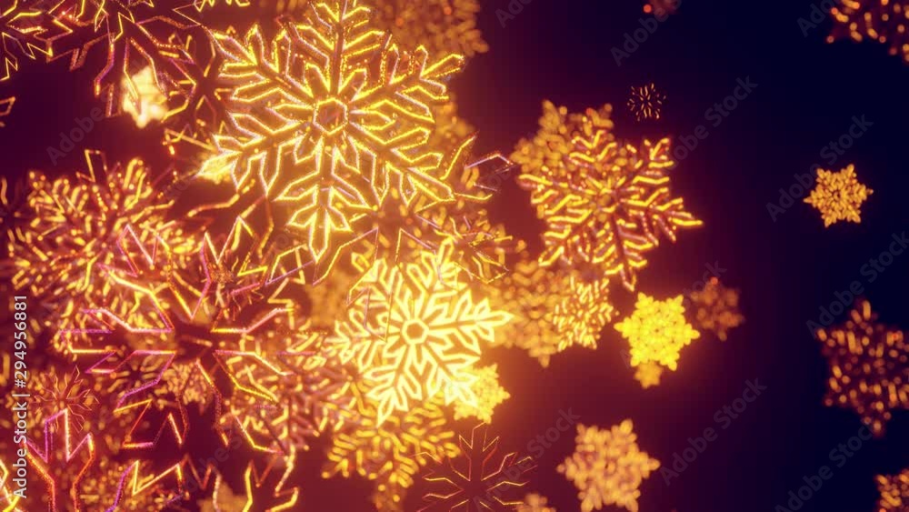 Poster 3d golden christmas background with bokeh and depth of field of shiny toy snowflakes hanging in the 
