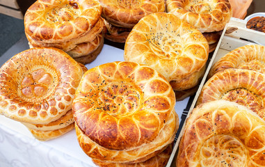 Appetizing uzbek flatbreads with sesame seeds