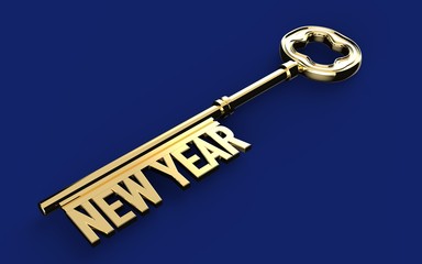 New Year concept. Gold key with letters New Year on a blue background, 3d render.