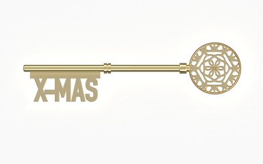 Gold key with word X-mas and with gold snowflake on a white background, 3d render. Christmas concept.