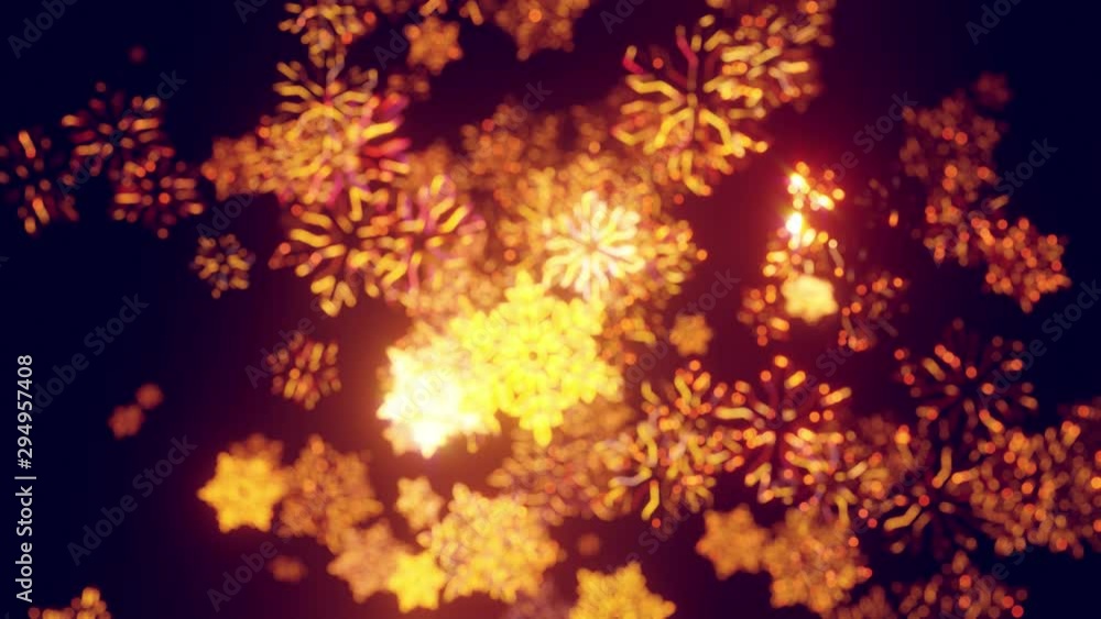 Poster 3d golden christmas background with bokeh and depth of field of shiny toy snowflakes hanging in the 