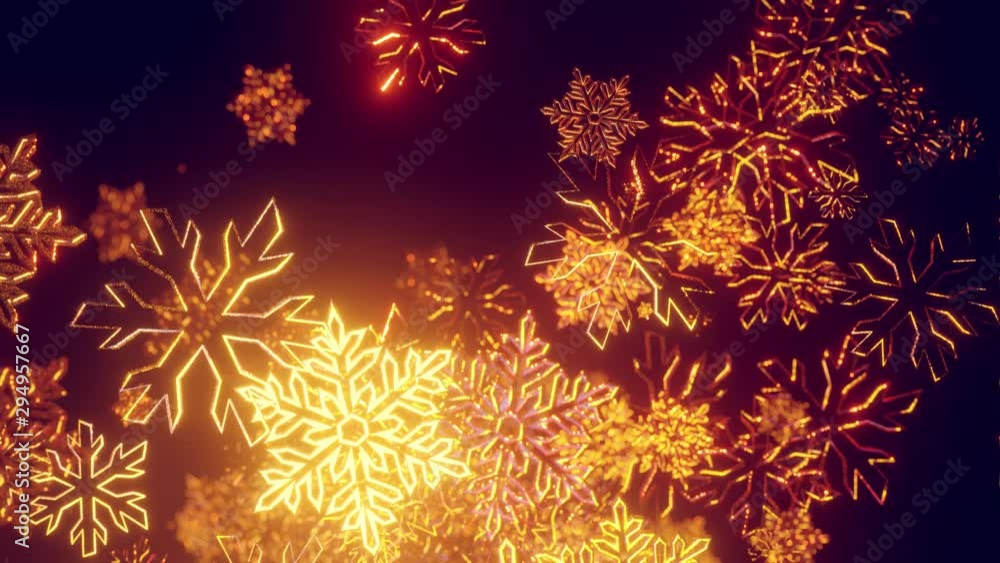 Poster 3d golden christmas background with bokeh and depth of field of shiny toy snowflakes hanging in the 