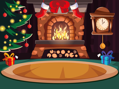 living room with chimney and christmas decoration