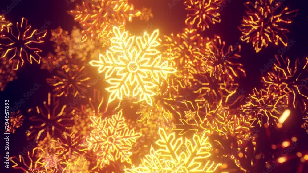 Poster 3d golden christmas background with bokeh and depth of field of shiny toy snowflakes hanging in the 