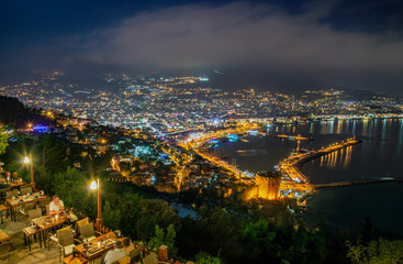 Night city. Alanya, Turkey. Beautiful lights of night city