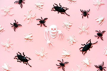 Creative Halloween Day composition. Holiday celebration sckeleton, spiders, flies, beetle. Pink paper background. Template greeting card design social media. Flat lay top view layout